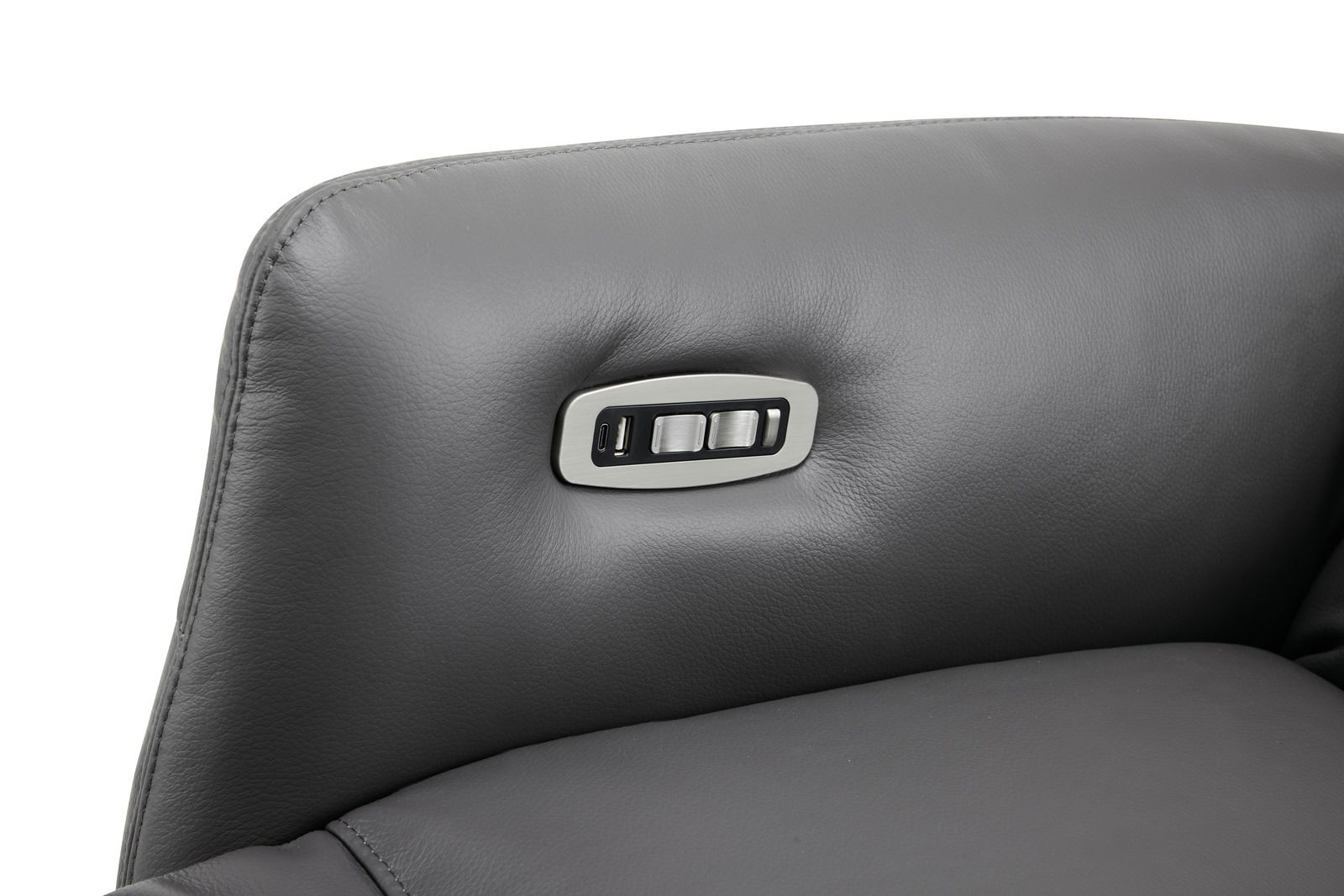 Nahaufnahme der Rückseite eines grauen Relaxsessels mit integrierter Steuerungseinheit.