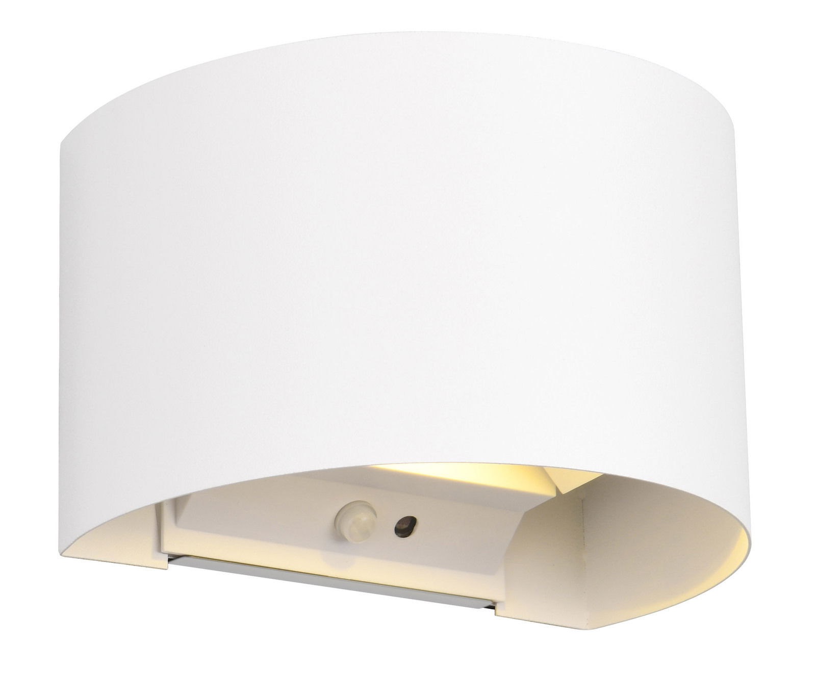 Weiße, moderne Akku-Wandleuchte TALENT in halbrunder Form, seitliche Perspektive