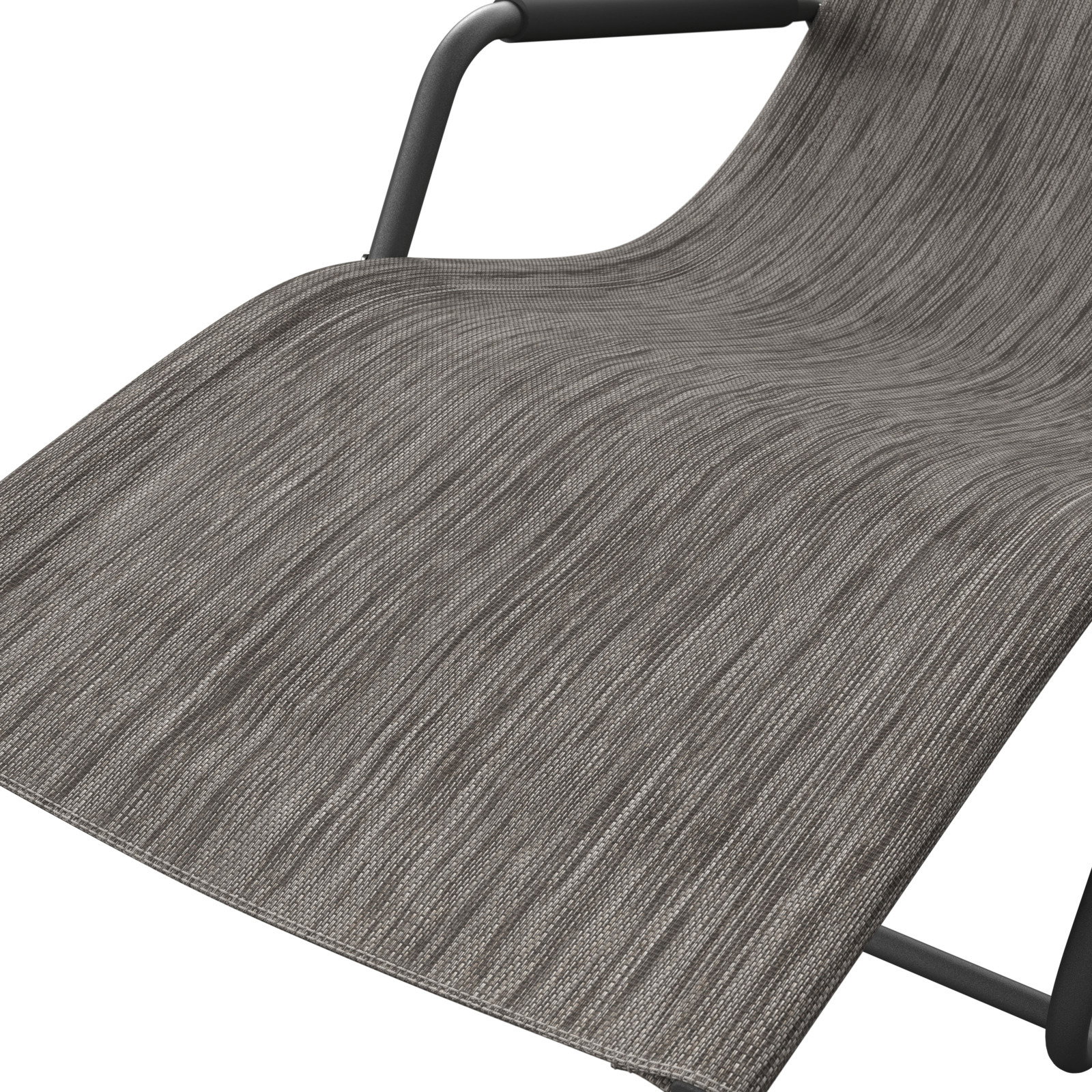 Nahaufnahme einer Schaukelliege mit grauem Stoffbezug und schwarzem Metallrahmen, seitliche Perspektive