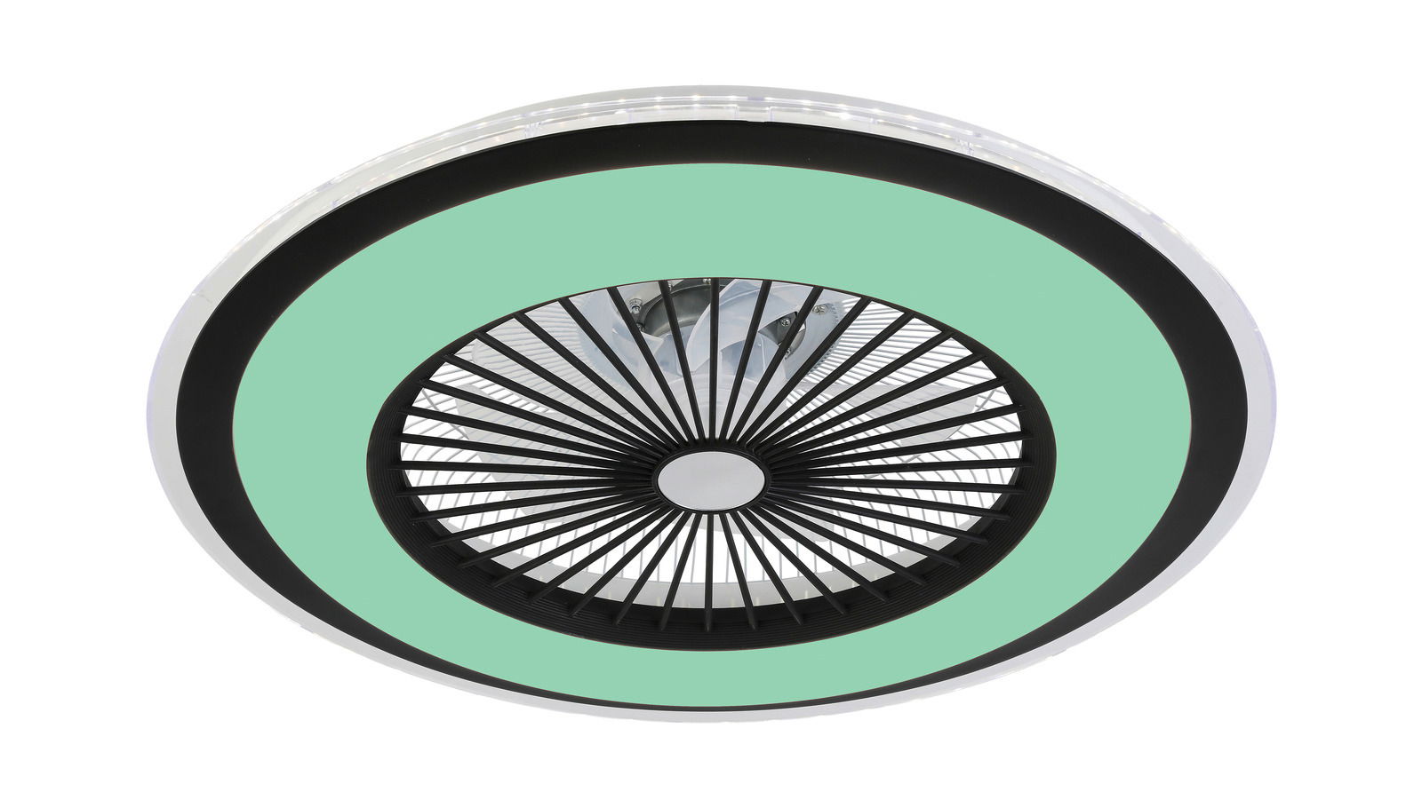 Deckenventilator Wind Smart aus der Unteransicht mit modernem Design und grünem Akzent.