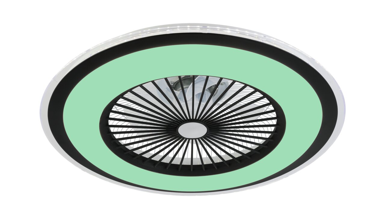 Deckenventilator Wind Smart aus der Unteransicht mit modernem Design und grünem Akzent.