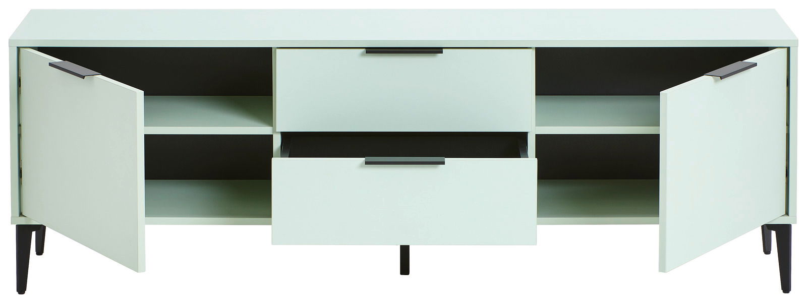 TV-Lowboard in hellem Mintgrün mit schwarzen Beinen, zwei offenen Türen und einer geöffneten Schublade, frontale Ansicht