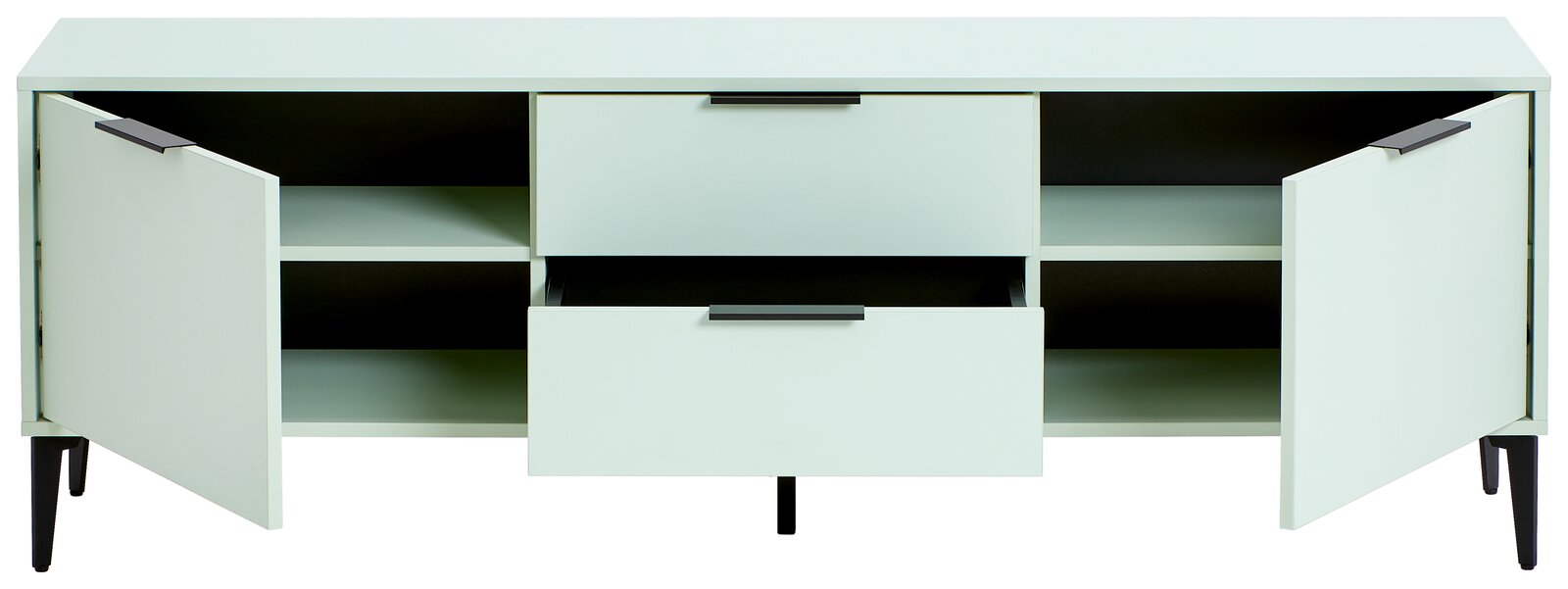 TV-Lowboard in hellem Mintgrün mit schwarzen Beinen, zwei offenen Türen und einer geöffneten Schublade, frontale Ansicht