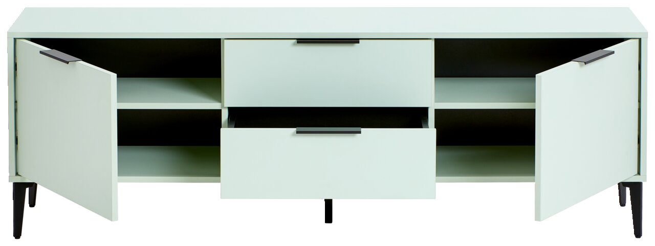 TV-Lowboard in hellem Mintgrün mit schwarzen Beinen, zwei offenen Türen und einer geöffneten Schublade, frontale Ansicht