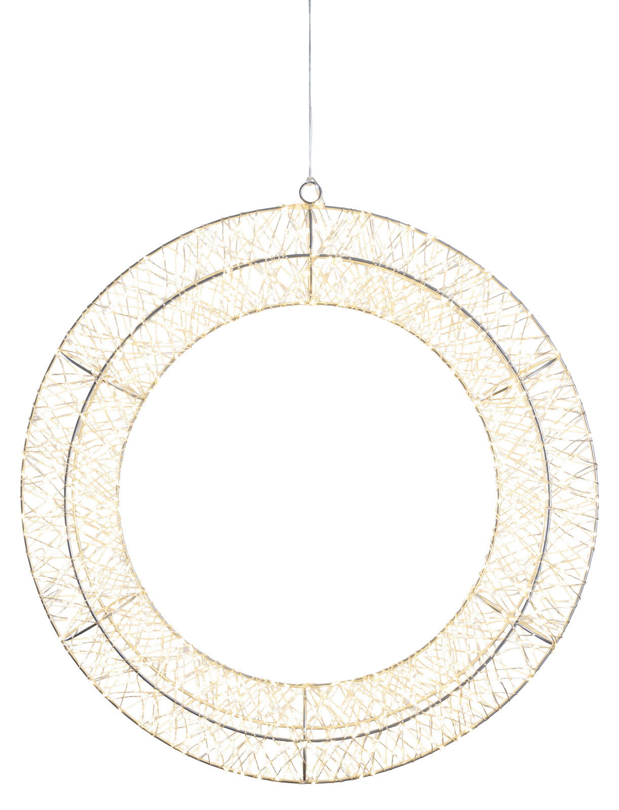 Day LED Kranz Ø50cm mit 1440 LED LED-Kranz mit einem Durchmesser von 50 cm, aus geflochtenem Material, von vorne betrachtet, mit warmweißen Lichtern.