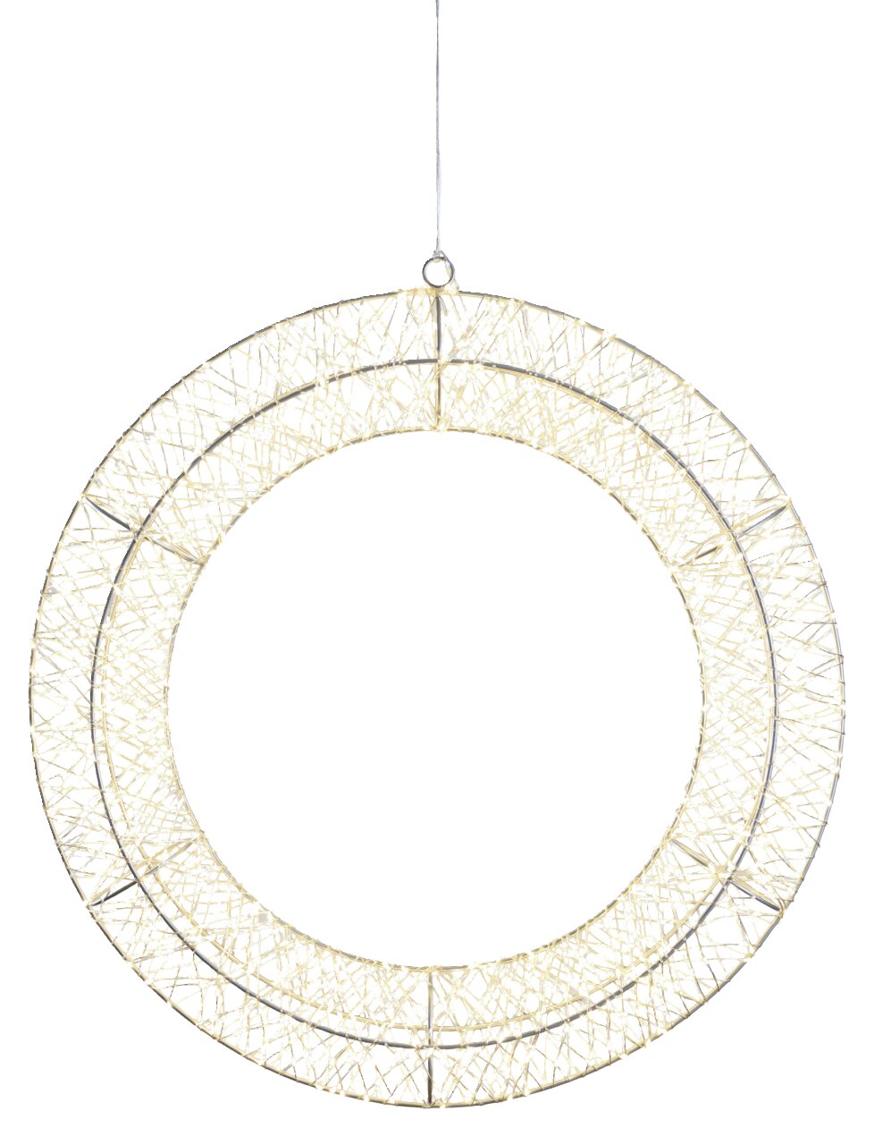 LED-Kranz mit einem Durchmesser von 50 cm, aus geflochtenem Material, von vorne betrachtet, mit warmweißen Lichtern.