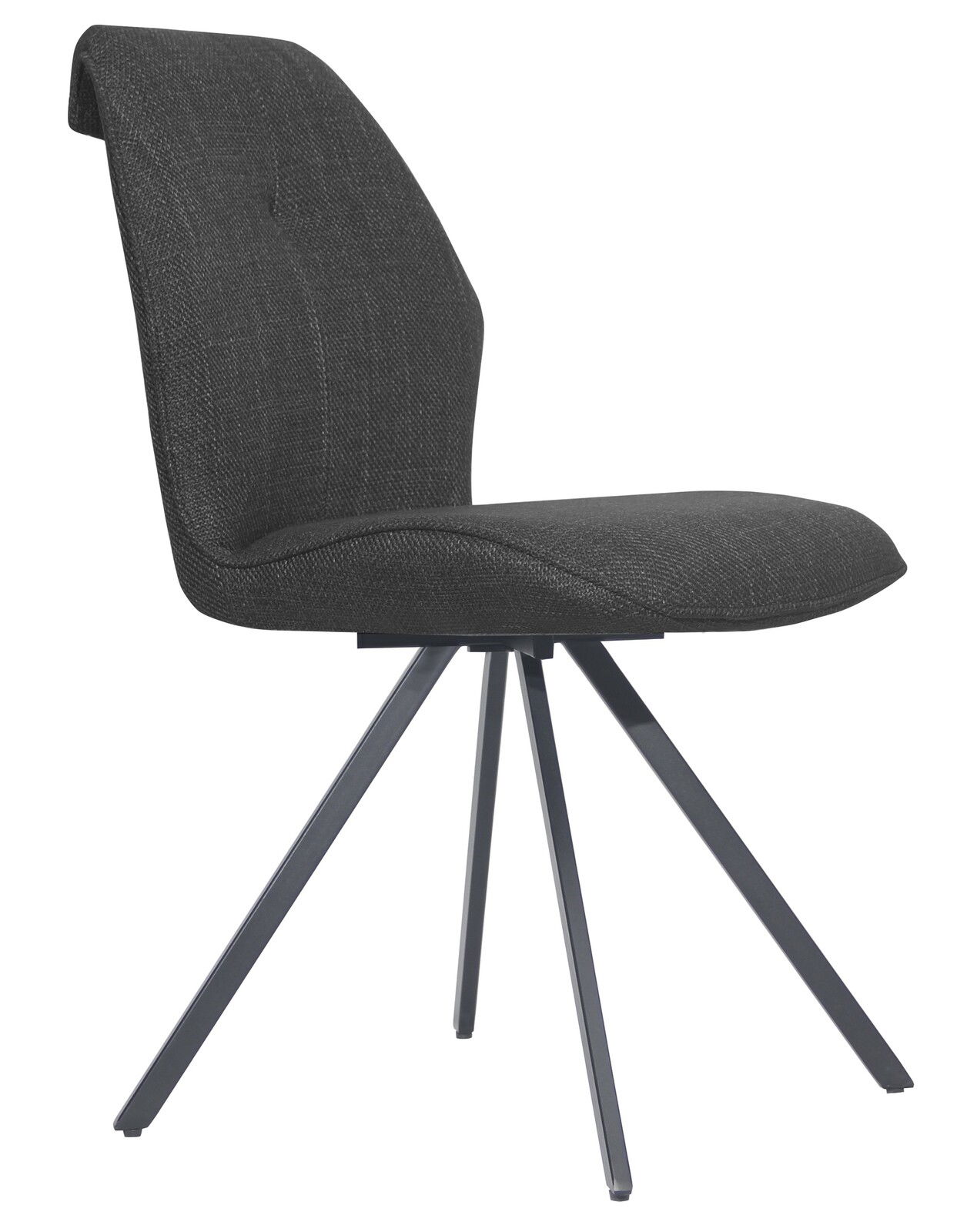 Moderner schwarzer Stuhl mit Stoffbezug und Metallbeinen, seitliche Perspektive