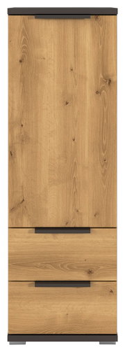 Hoher Holzschrank in Eichenoptik mit zwei Schubladen und schwarzen Griffleisten, Frontansicht.