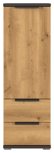 Hoher Holzschrank in Eichenoptik mit zwei Schubladen und schwarzen Griffleisten, Frontansicht.