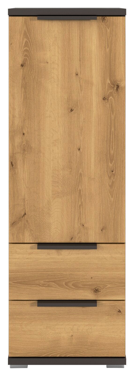 Hoher Holzschrank in Eichenoptik mit zwei Schubladen und schwarzen Griffleisten, Frontansicht.