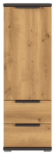 Hoher Holzschrank in Eichenoptik mit zwei Schubladen und schwarzen Griffleisten, Frontansicht.