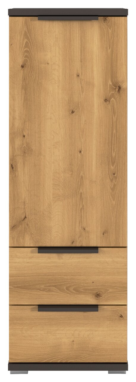 Hoge houten kast in eikenlook met twee lades en zwarte handgrepen, vooraanzicht.
