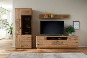 Frontale Ansicht einer modernen Wandkombination aus Holz mit TV-Schrank, Regal und Vitrine, dekoriert mit Pflanzen und Accessoires.