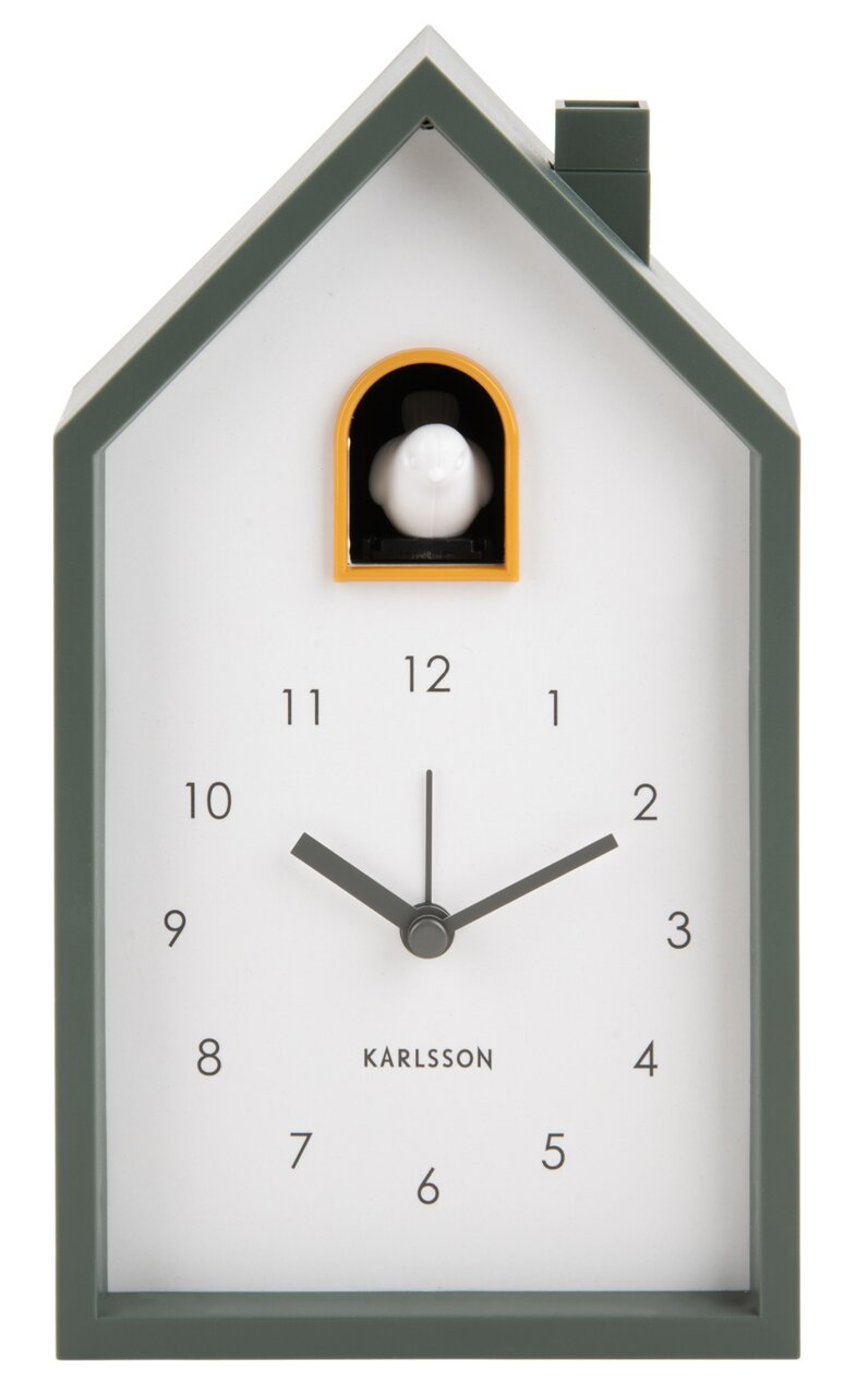 Moderner KARLSSON Wecker in Form eines Hauses mit Kuckuck, frontal abgebildet.
