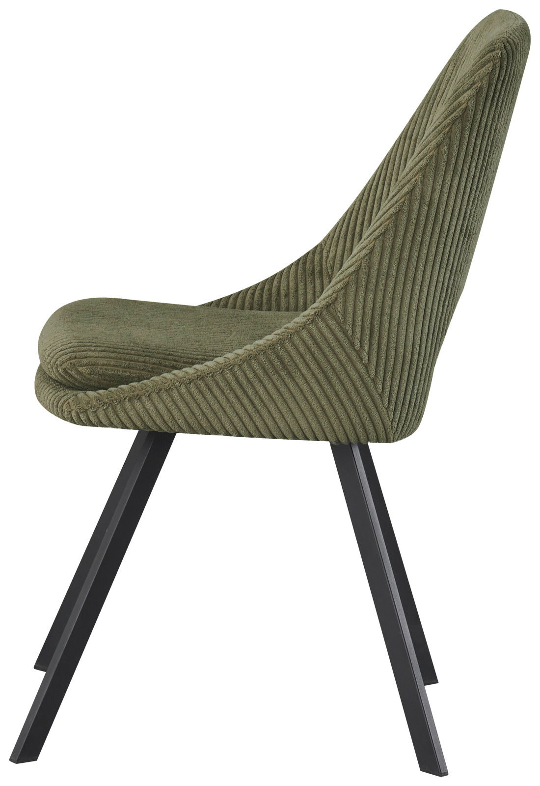Seitenansicht eines grünen Stuhls mit geripptem Stoffbezug und schwarzen Metallbeinen