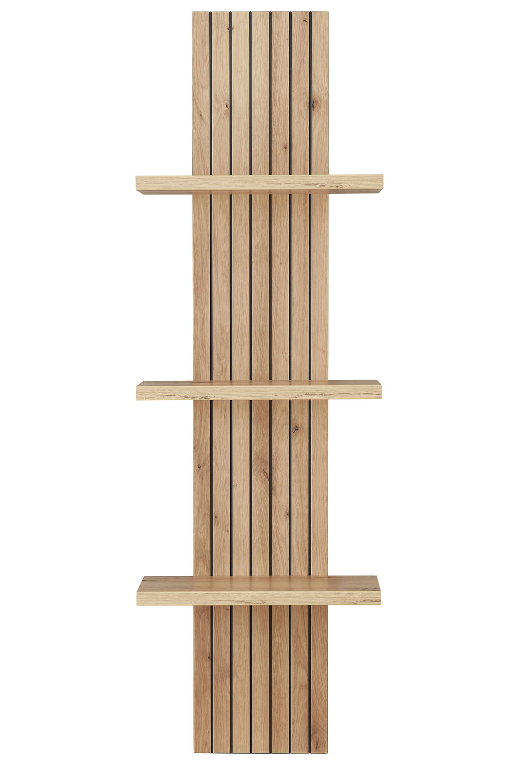 Wandpaneel aus Holz mit drei Regalböden, vertikale Perspektive