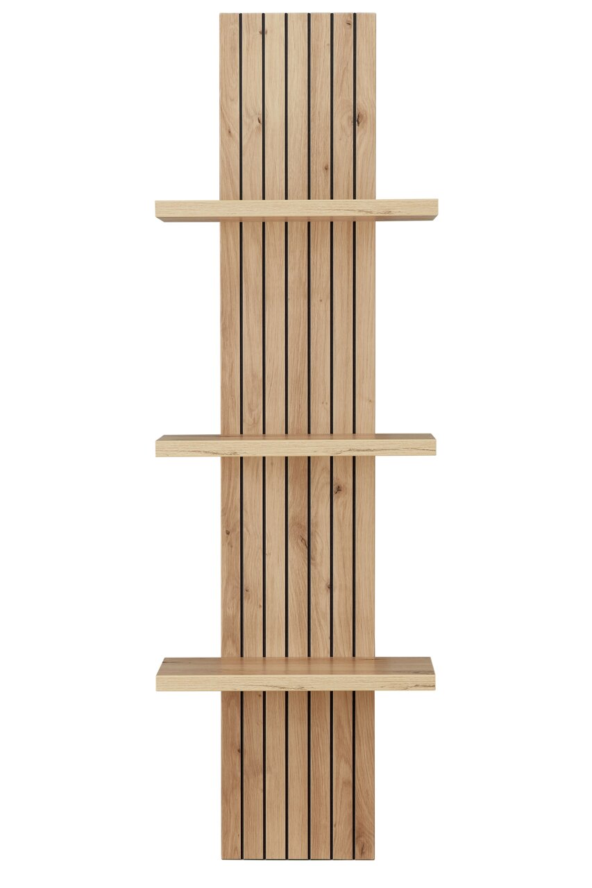 Wandpaneel aus Holz mit drei Regalböden, vertikale Perspektive