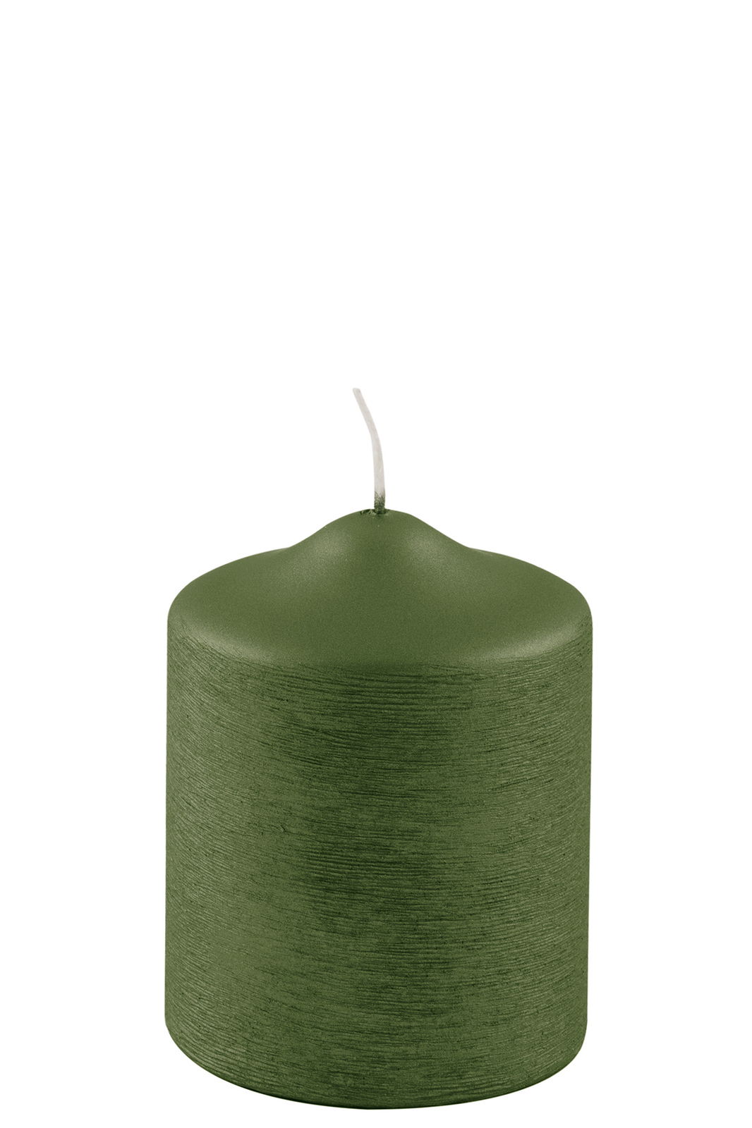 Grüne Stumpenkerze mit metallischem Glanz, frontal fotografiert