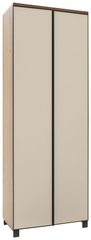 Moderner Garderobenschrank mit zwei Türen in Beige und Holzoptik, seitliche Perspektive