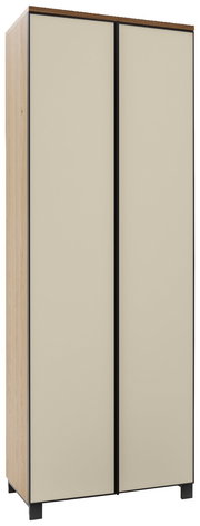Moderner Garderobenschrank mit zwei Türen in Beige und Holzoptik, seitliche Perspektive