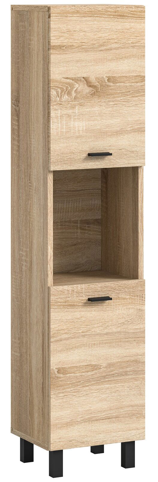 Moderner Badschrank aus Holz in Eichenoptik mit zwei Türen und einem offenen Fach, frontal abgebildet.