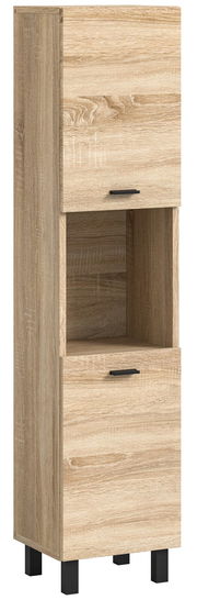 Moderner Badschrank aus Holz in Eichenoptik mit zwei Türen und einem offenen Fach, frontal abgebildet.