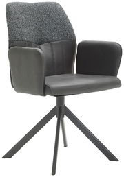 Moderner Armlehnstuhl mit grauem Stoffbezug und schwarzem Metallgestell, seitliche Perspektive