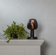 Tischlampe mit schwarzem Sockel und rauchgrauem Glas, neben einer Pflanze auf einem weißen Möbelstück, seitliche Perspektive