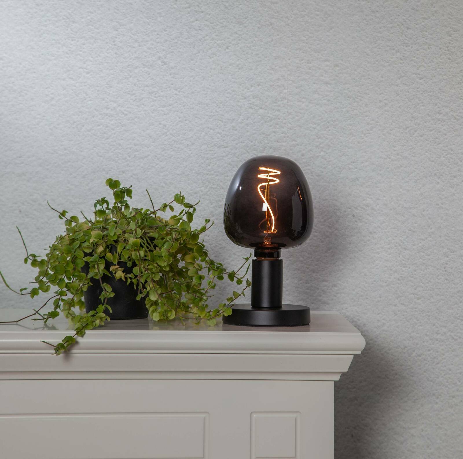 Tischlampe mit schwarzem Sockel und rauchgrauem Glas, neben einer Pflanze auf einem weißen Möbelstück, seitliche Perspektive