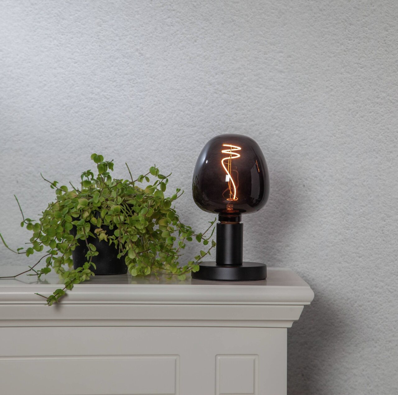 Eglo Leuchten Leuchtmittel Tischlampe mit schwarzem Sockel und rauchgrauem Glas, neben einer Pflanze auf einem weißen Möbelstück, seitliche Perspektive