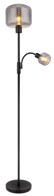 Moderne Stehleuchte mit zwei Leuchtköpfen, einer großen oberen und einer kleineren seitlichen, in schwarzem Design, seitliche Perspektive.