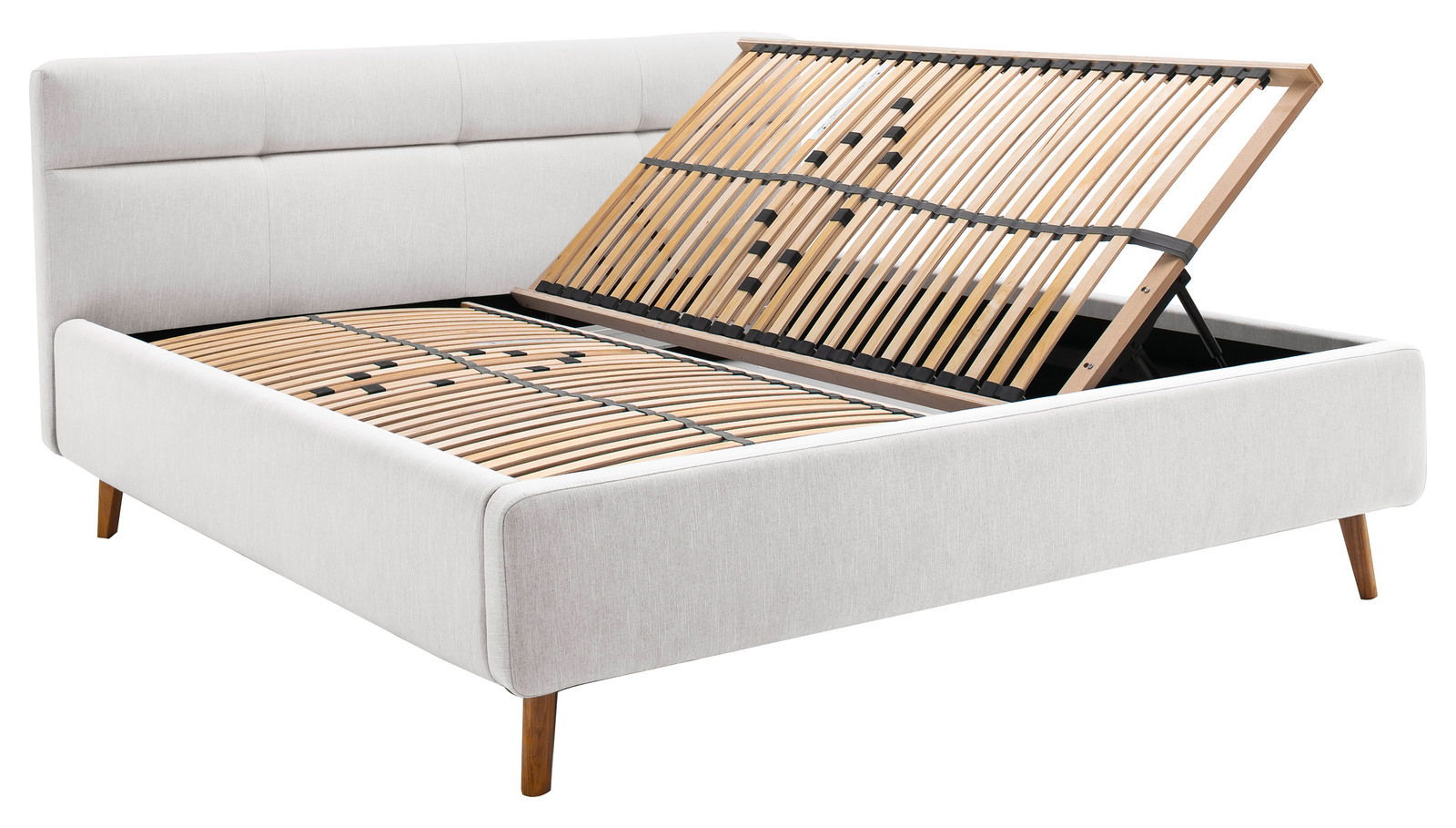 Polsterbett LOTTE in hellem Stoffbezug mit hochgeklapptem Lattenrost, seitliche Perspektive