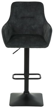 Moderner Barhocker in dunklem Stoff mit Armlehnen und verstellbarer Höhe, Vorderansicht
