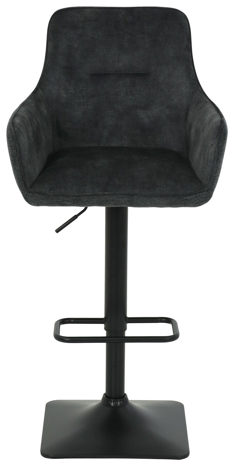 Moderner Barhocker in dunklem Stoff mit Armlehnen und verstellbarer Höhe, Vorderansicht