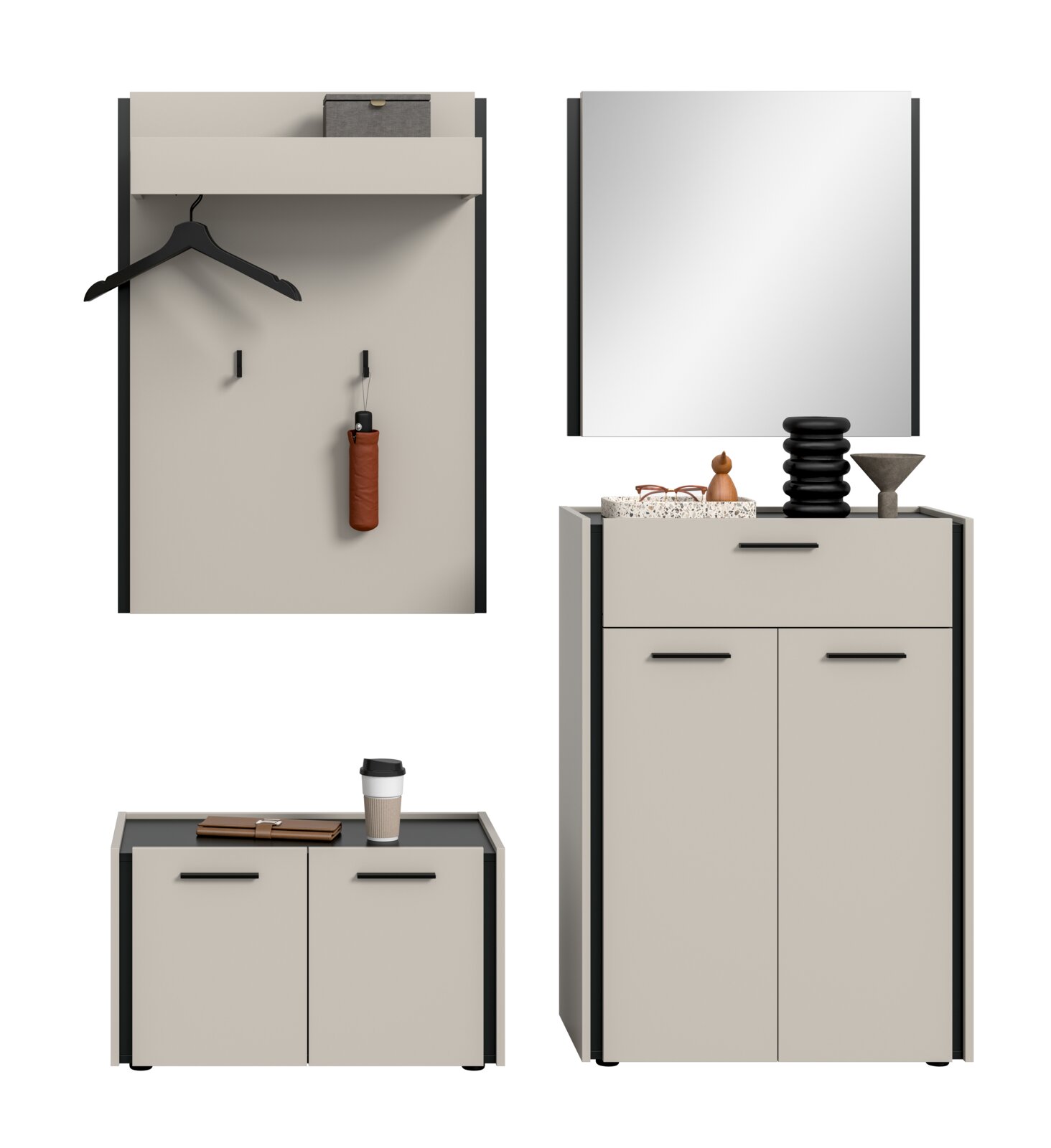 Modernes Flurmöbel-Set in Beige mit schwarzen Akzenten: Garderobenpaneel mit Ablage, Haken und Kleiderbügel sowie Schuhschrank und hoher Schrank mit Schublade und Türen; frontale Ansicht.