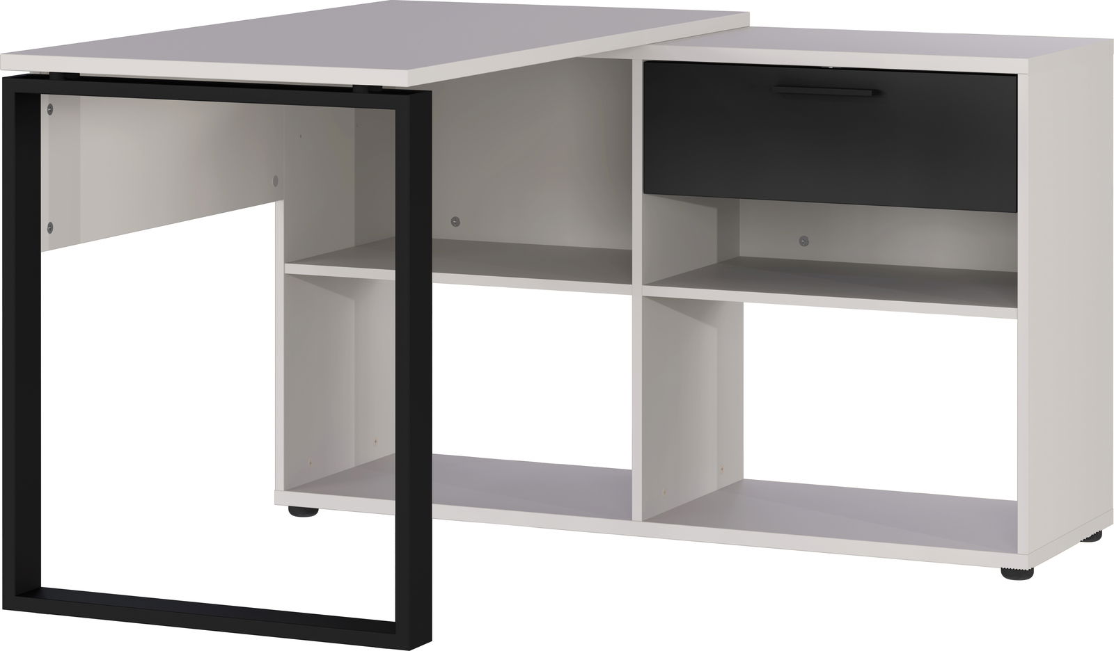 Moderner Winkelschreibtisch in Weiß mit schwarzem Metallrahmen, Schublade und offenen Regalfächern, seitliche Perspektive.