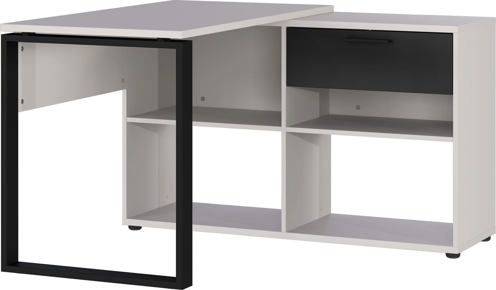MID.YOU Eckschreibtisch FENTON Moderner Winkelschreibtisch in Weiß mit schwarzem Metallrahmen, Schublade und offenen Regalfächern, seitliche Perspektive.