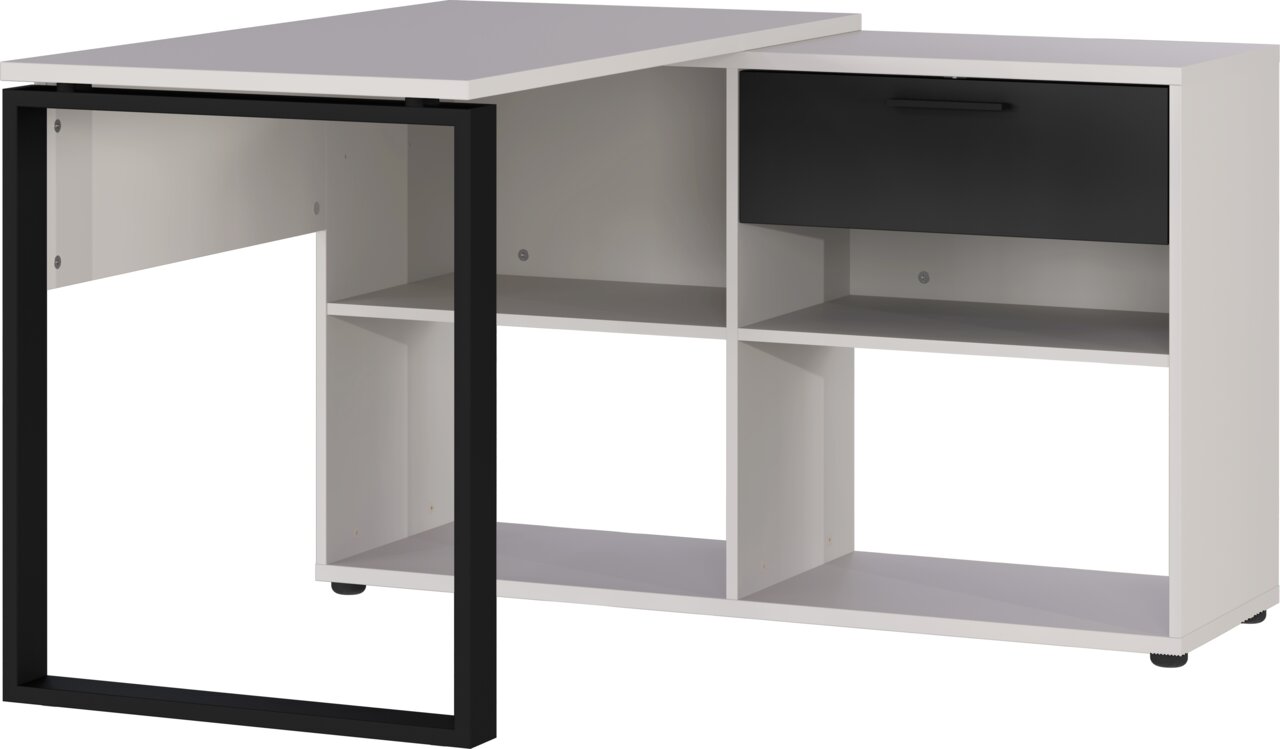 MID.YOU Eckschreibtisch FENTON Moderner Winkelschreibtisch in Weiß mit schwarzem Metallrahmen, Schublade und offenen Regalfächern, seitliche Perspektive.