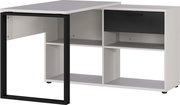 Moderner Winkelschreibtisch in Weiß mit schwarzem Metallrahmen, Schublade und offenen Regalfächern, seitliche Perspektive.