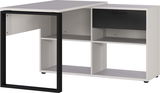 Moderner Winkelschreibtisch in Weiß mit schwarzem Metallrahmen, Schublade und offenen Regalfächern, seitliche Perspektive.