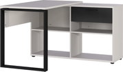 Moderner Winkelschreibtisch in Weiß mit schwarzem Metallrahmen, Schublade und offenen Regalfächern, seitliche Perspektive.