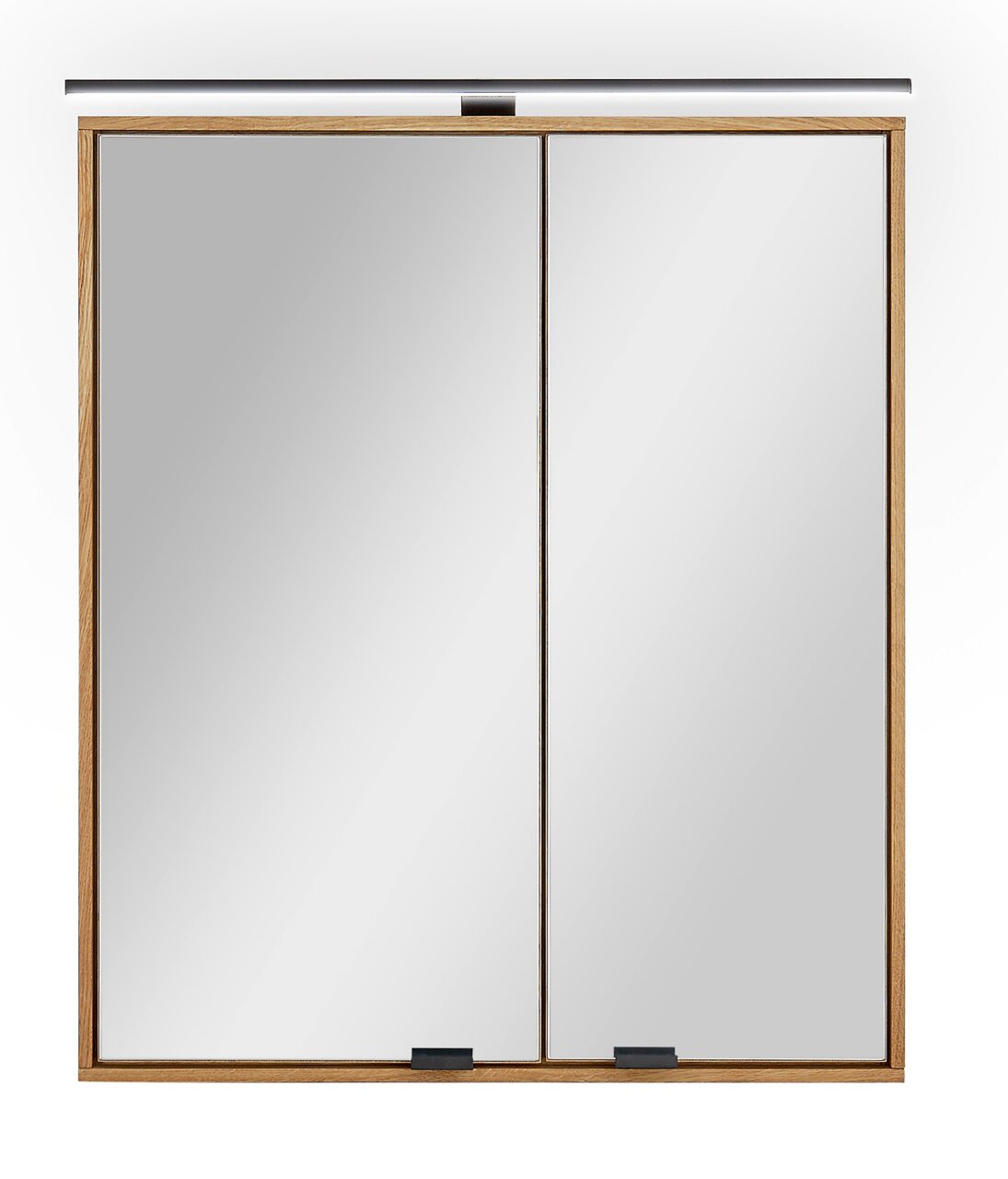 Moderner Spiegelschrank mit Holzrahmen und integrierter Beleuchtung, Frontalansicht