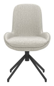 Moderner Stuhl mit hellgrauem Stoffbezug und schwarzem Metallgestell, Frontalansicht