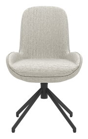 Moderner Stuhl mit hellgrauem Stoffbezug und schwarzem Metallgestell, Frontalansicht