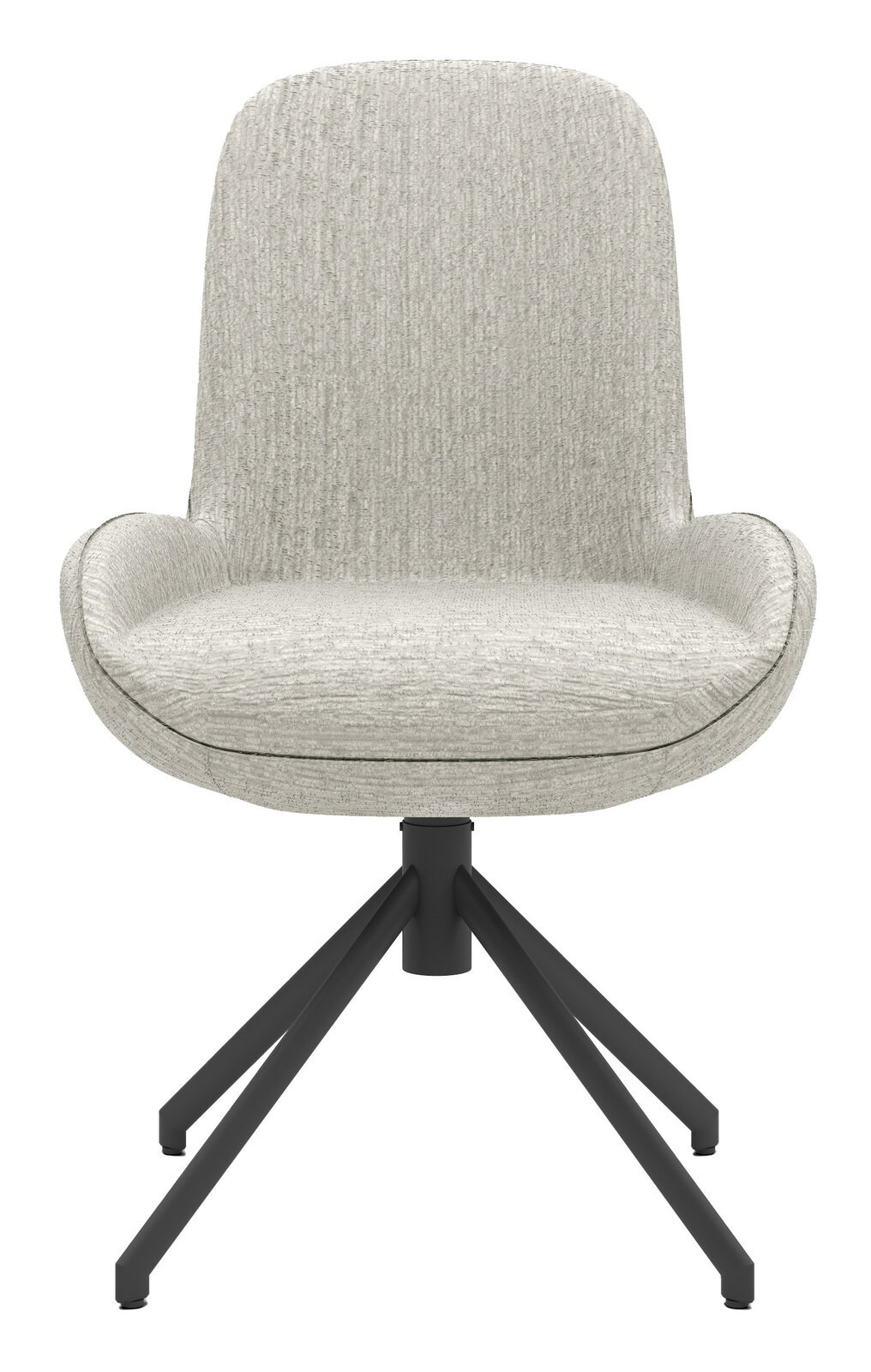 Moderner Stuhl mit hellgrauem Stoffbezug und schwarzem Metallgestell, Frontalansicht