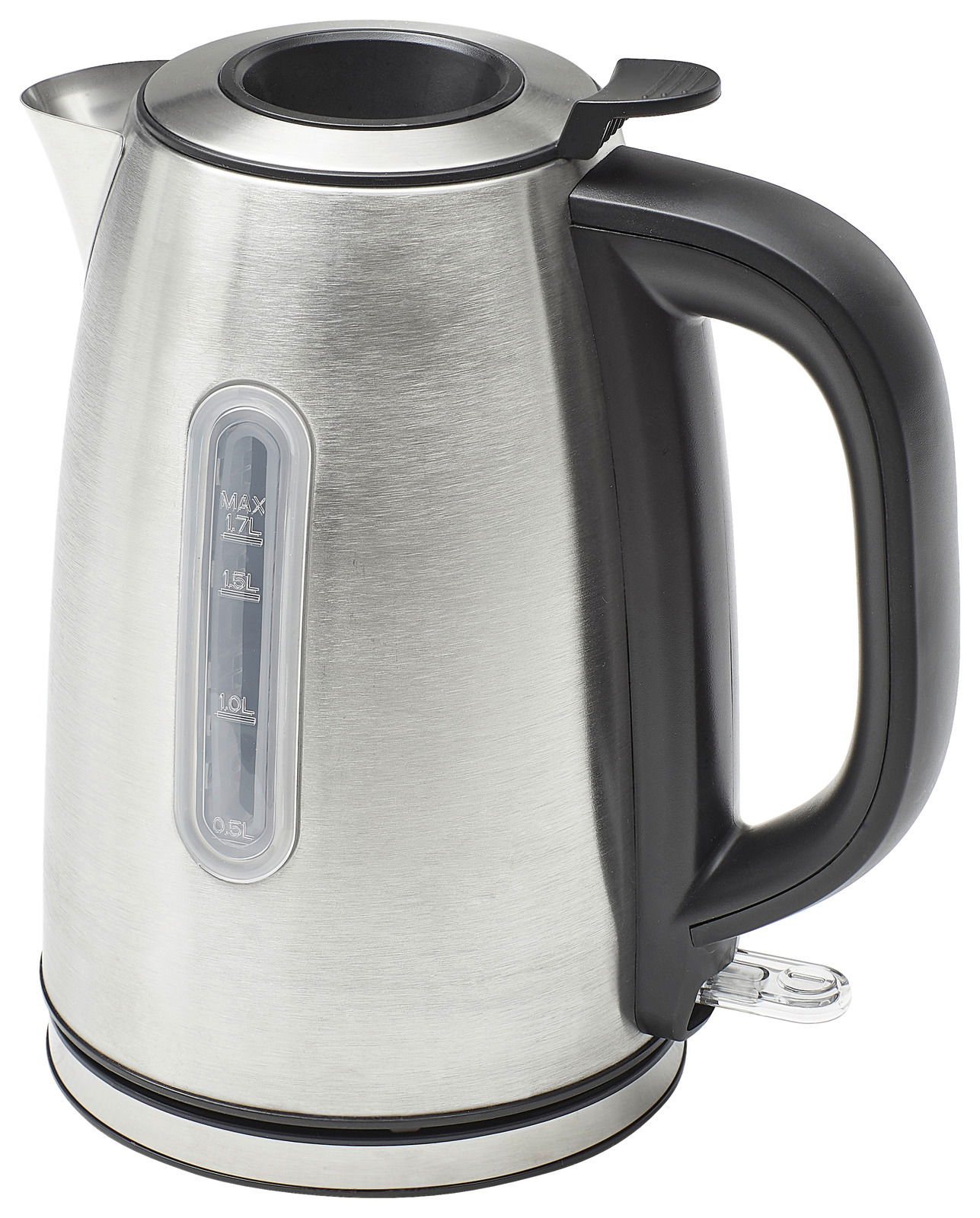 Edelstahl-Wasserkocher mit schwarzem Griff, seitliche Ansicht