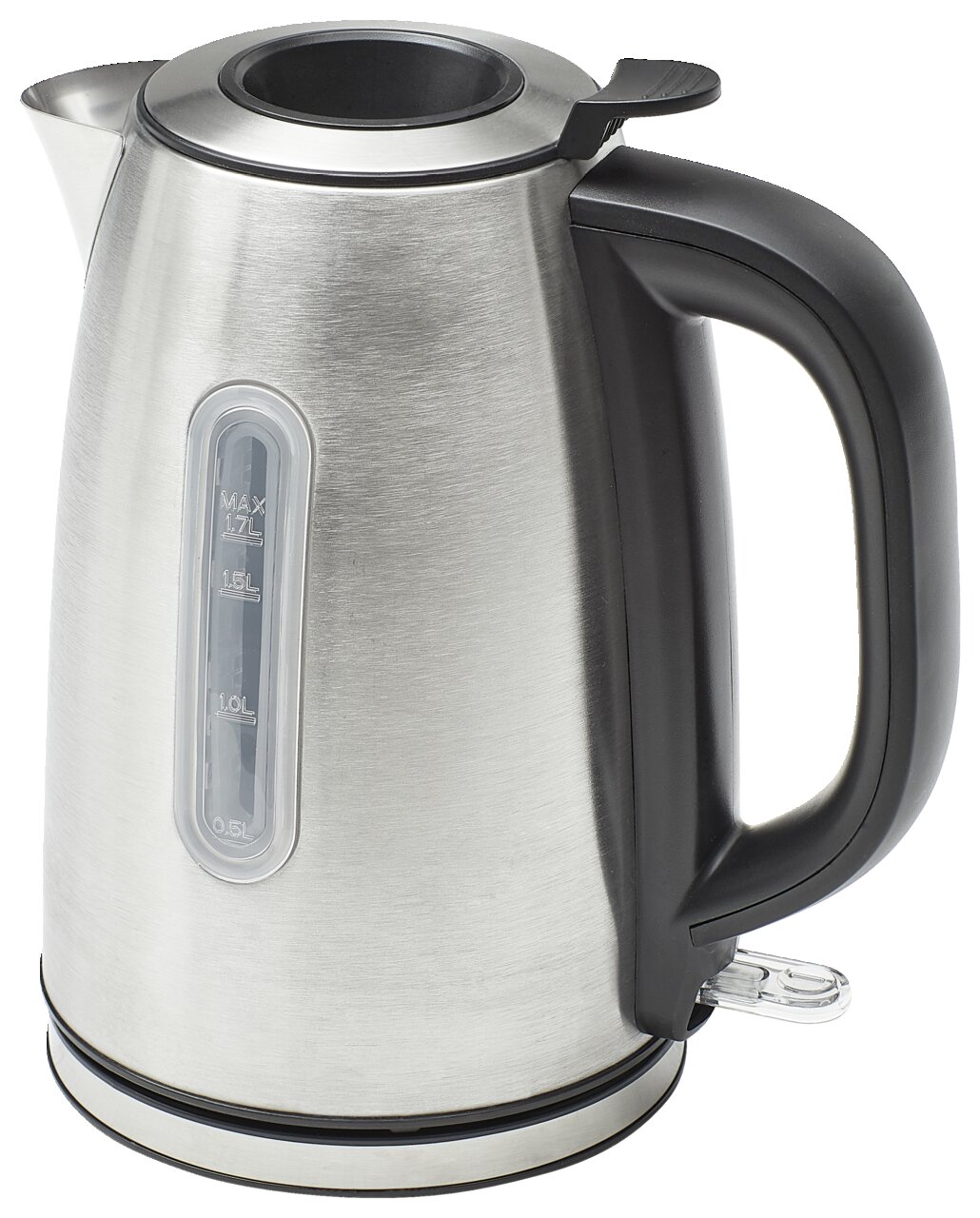 Edelstahl-Wasserkocher mit schwarzem Griff, seitliche Ansicht