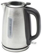 Edelstahl-Wasserkocher mit schwarzem Griff, seitliche Ansicht