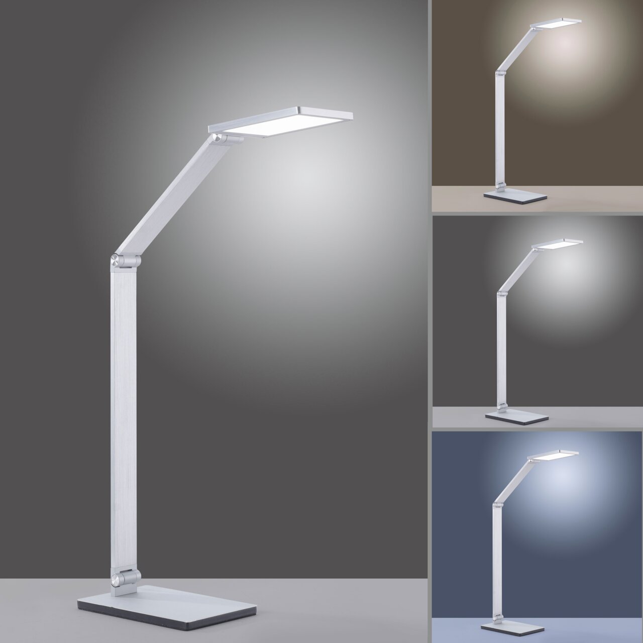 Moderne Tischleuchte aus Aluminium mit verstellbarem Arm, seitliche Perspektive