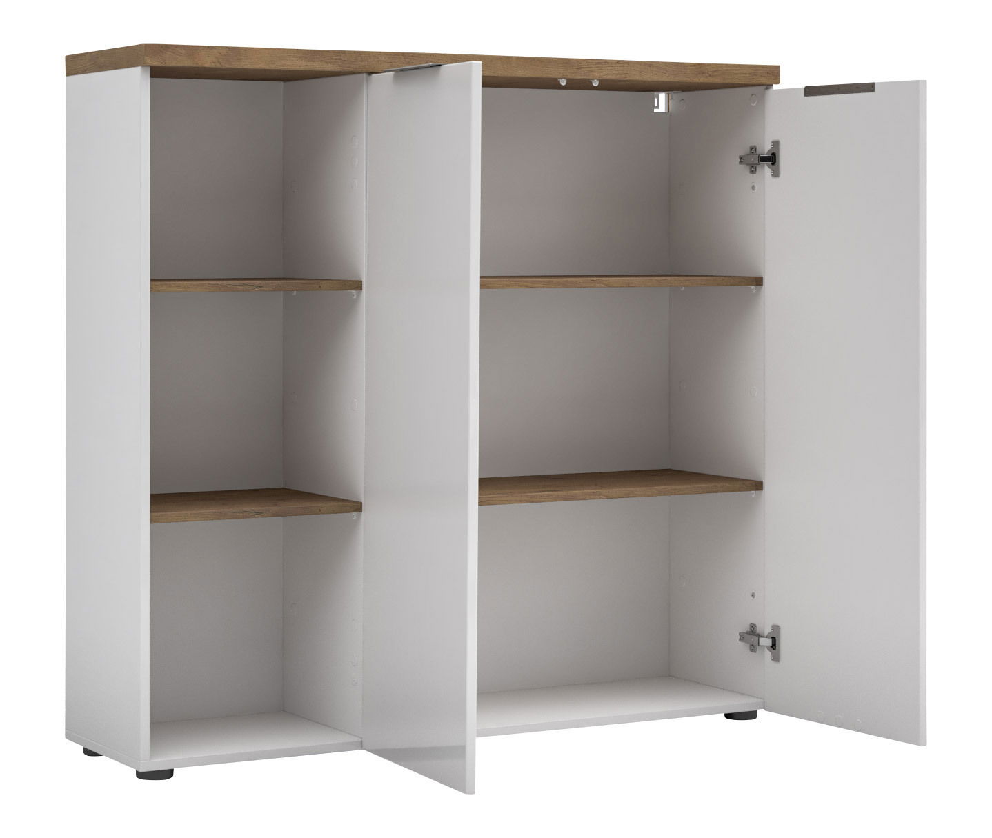 Offener XL-Aktenschrank mit zwei Türen, weiß mit Holzakzenten, seitliche Perspektive